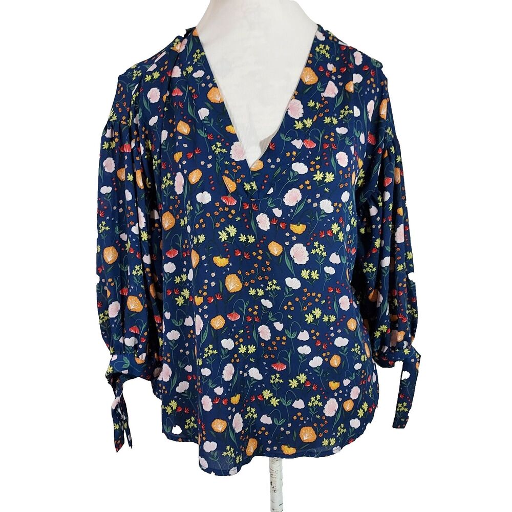 Finn & Grace Shirt Top Floral Flowy Size 8 Tie Sleeve Womens Blouse Blue Orange